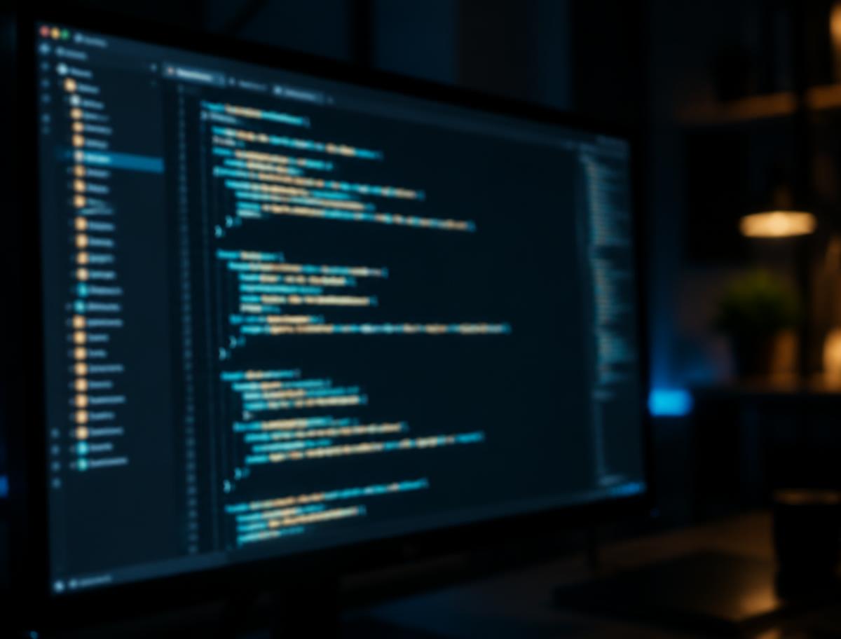 Blurred source code on a monitor in a dimly lit room