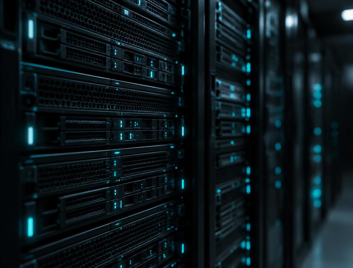 Server racks with cyan indicator lights in a dark data centre
