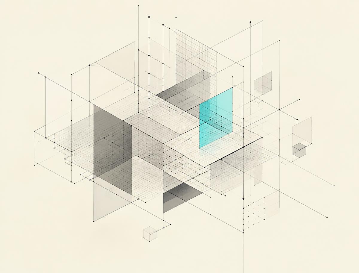 Isometric wireframe illustration of layered planes and grid nodes with one cyan panel